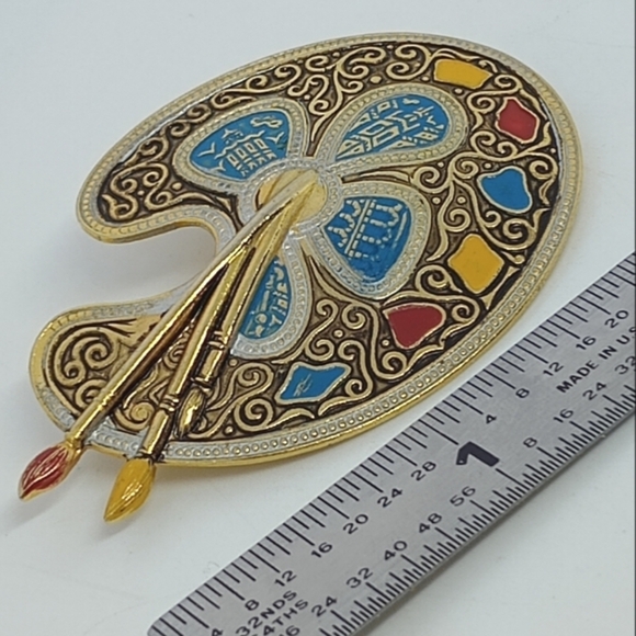* Vintage Made In Spain Damascene Artist Palette Painting Pin Brooch - Picture 2 of 6
